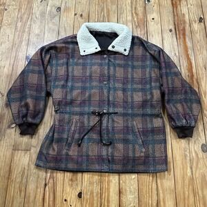Vintage Braetan‎ Jacket Womens M Brown Plaid Sherpa Reversible Made in Ukraine